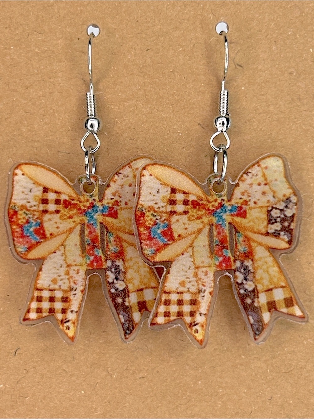 Fall Patchwork Print Bow Drop Earrings Fashion Jewelry
